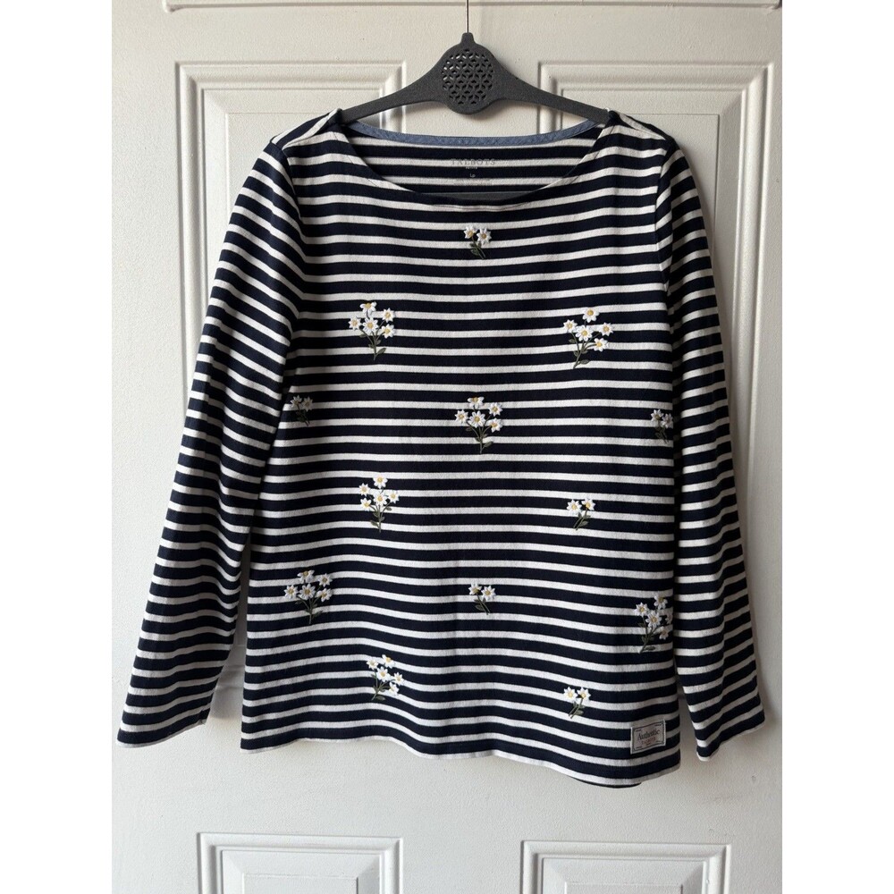 Talbots Petite LP Navy White Striped Daisy Embroidered 100% Cotton Breton Top